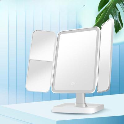 Espelho de Maquiagem Inteligente LED, Espelho de Penteado de Mesa com Luz de Três Cores Ajustável, Espelho de Beleza Quadrado Dobrável de Três Lados com Luz de Preenchimento