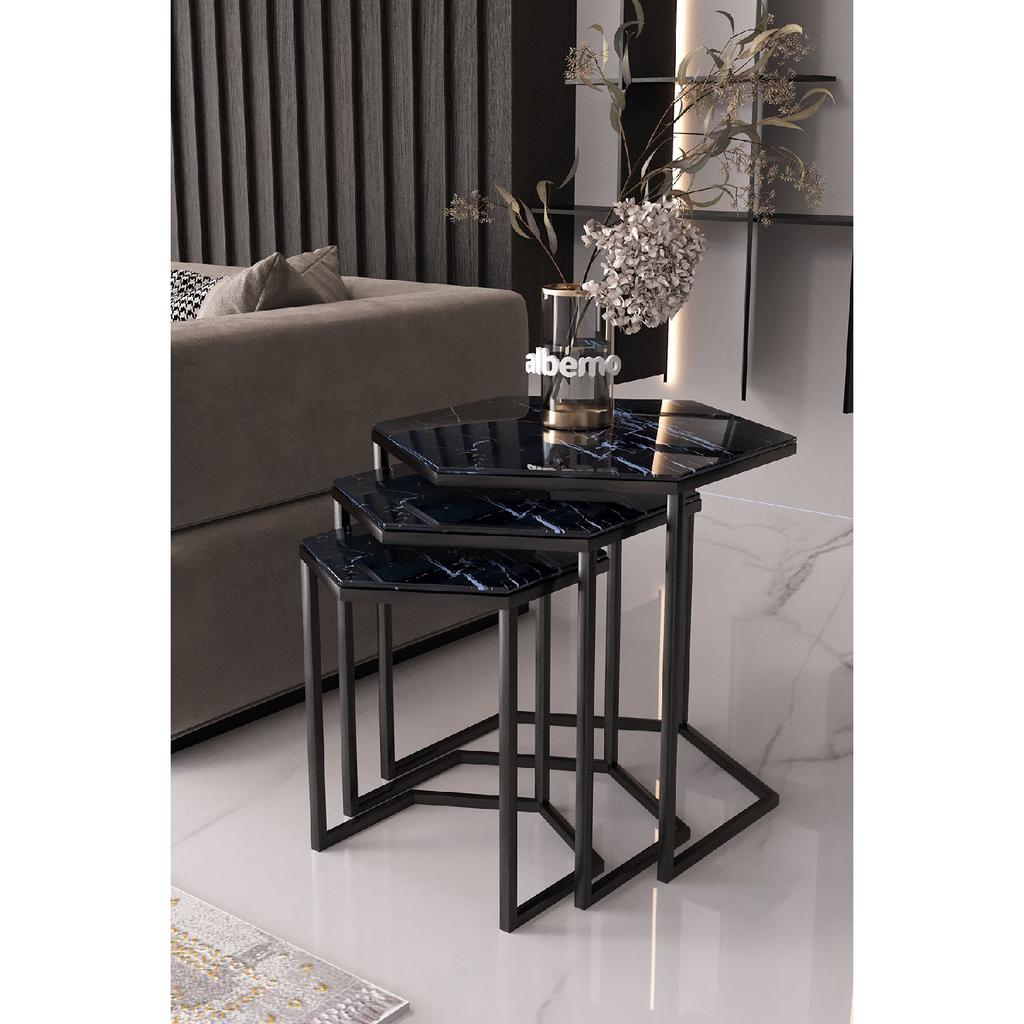Master Hexagon Black Metal Black Glass 3-piece Nesting Table