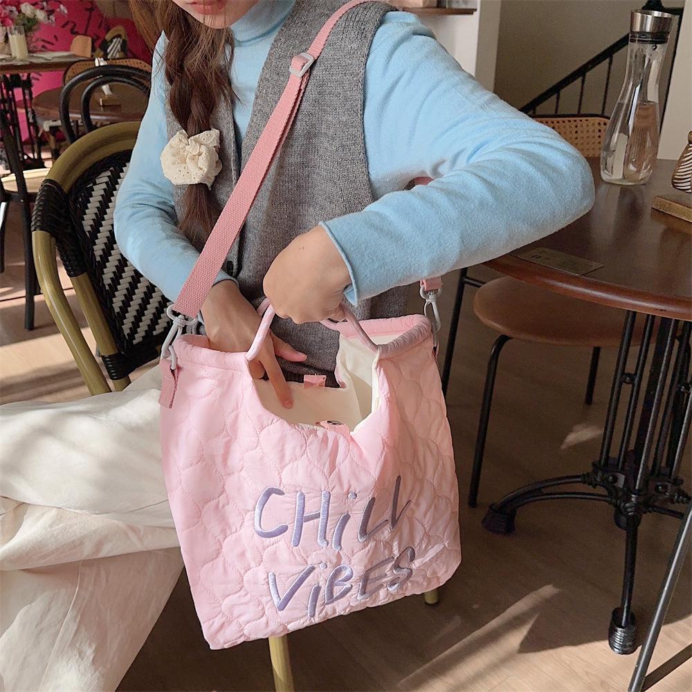 Autumn/Winter Quilted Canvas Tote & Crossbody Bag with Korean Style Embroidered Lettering