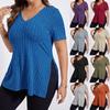 2026 Spring/Summer Plus Size Women's V-neck Ribbed Short Sleeve Slit Pullover Top