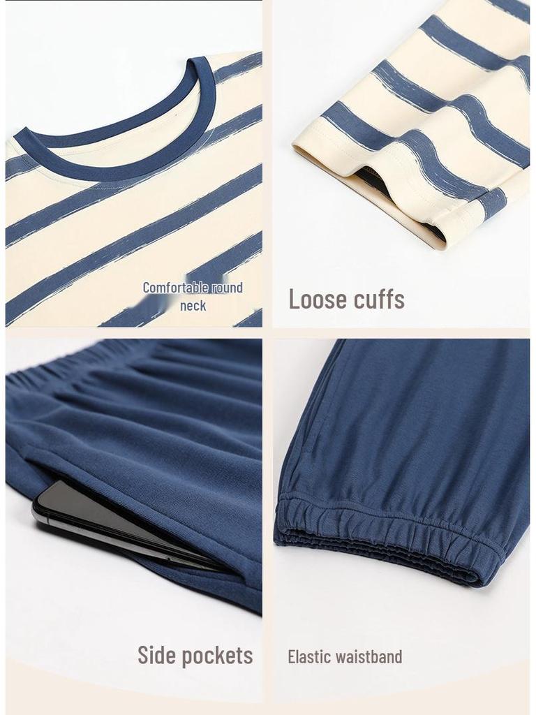 Spring Couple's Striped Pajama Set: Women's Pure Cotton Long Sleeve & Men's Loose Fit Homewear