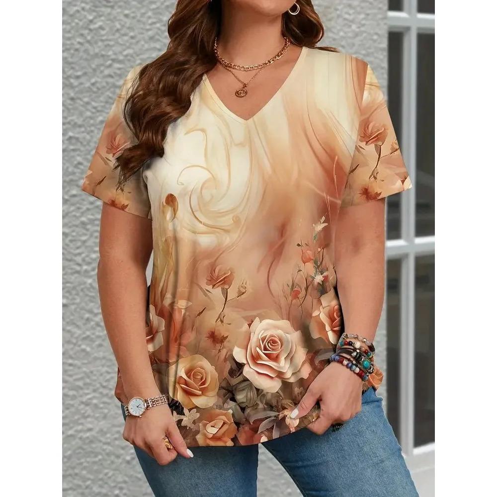 Summer V-neck Flower Pattern 3D Printed Top Fashionable Casual Short Sleeved Plus Size Women's T-shirts