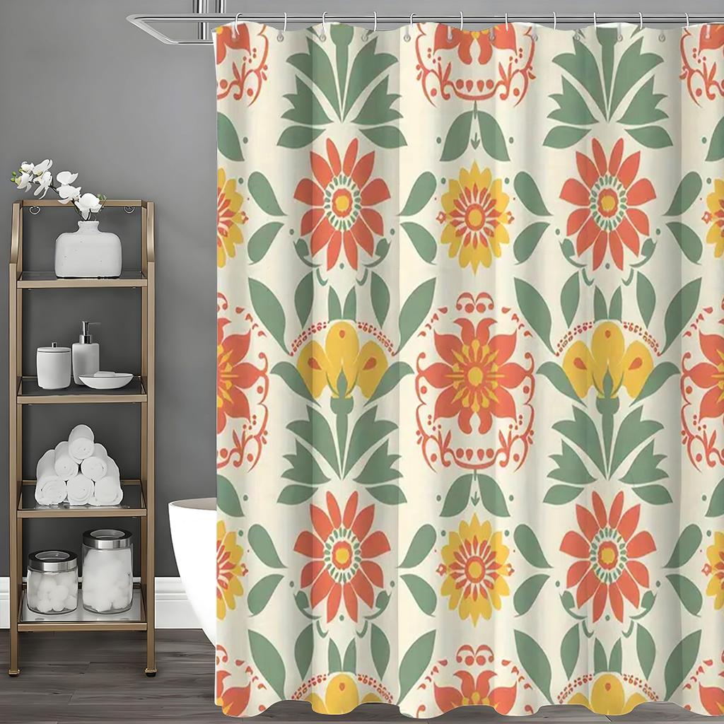 Bathroom Decor (Shower Curtain), Cartoon Flower & Green Leaf Shower Curtain with 12 Hooks
