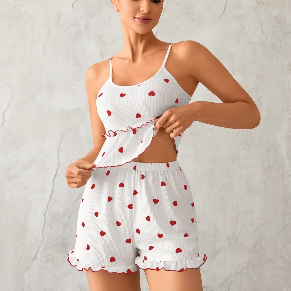 

Summer Heart Print Pajamas Set for Women Homewear Lotus Leaf Edge Pijamas Sexy Sling Crop Tops and Shorts 2 Pieces Set Sleepwear XL