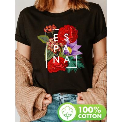 A Floral Text Art Representing The Pride of Spain - Print T-Shirt, Short Sleeve Crew Neck Casual Top for Summer and Spring, Women'S Apparel
