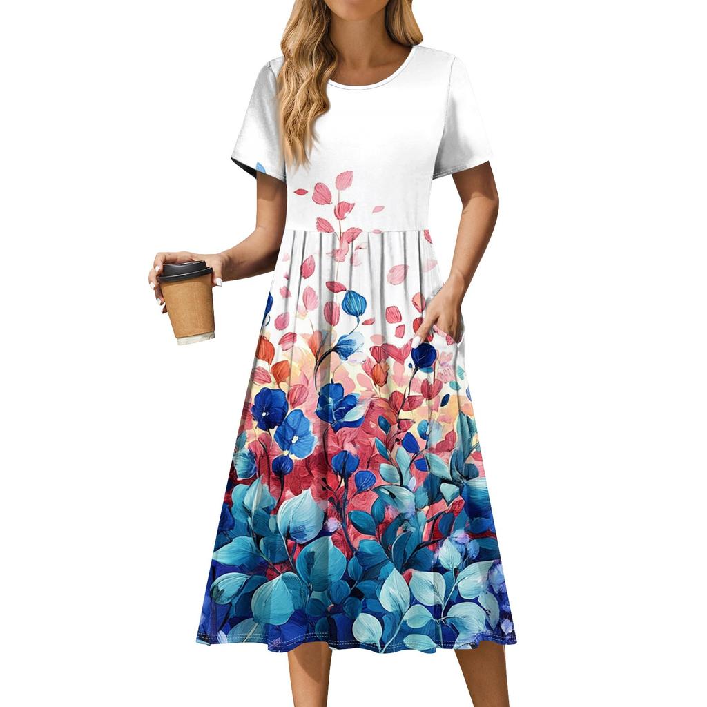 Women's Casual Cute Pattern Print Round Neck Midi Dress Basic Classic Outdoor Everyday Short Sleeve Loose Dress
