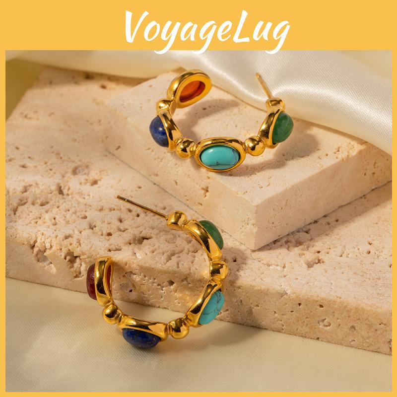 Stylish And Trendy 18k Gold-plated Stainless Steel Earrings With Natural Stone Inlay C-shaped Geometric Design