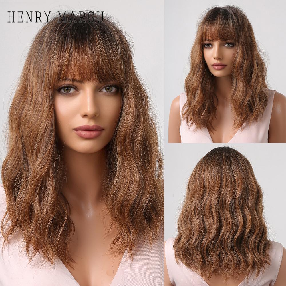 HENRY MARGU Short Bob Synthetic Wigs Ombre Black Brown White Natural Straight Wigs for Women Middle Part Daily Heat Resistant