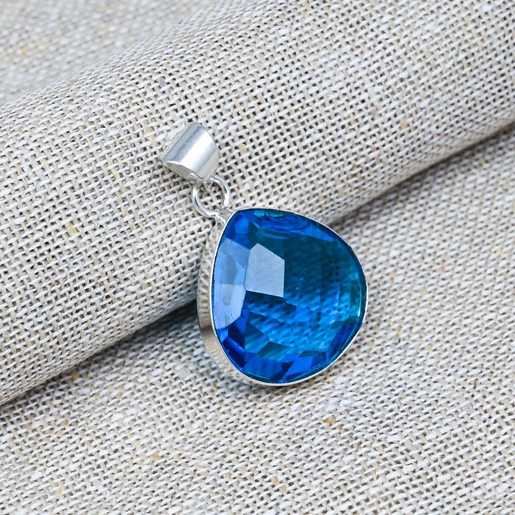 Blue Topaz Natural Gemstone Jewelry  Handmade Pendant  925 Solid Sterling Silver For Wedding Gift