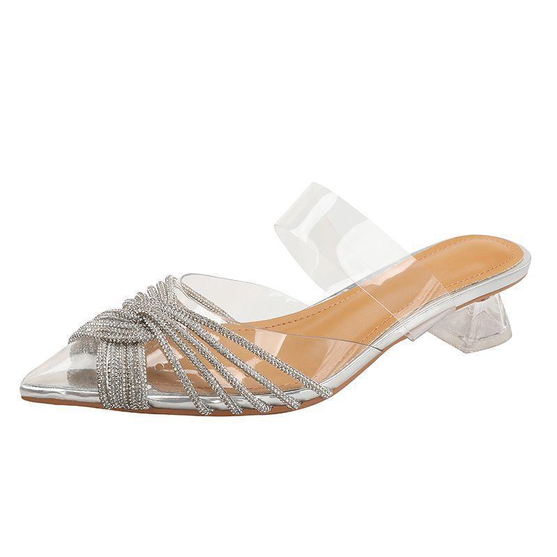 

Pointed transparent rhinestone high heels women 2025 summer Internet celebrities new middle heel sexy banquet thick heel crystal sandals 42