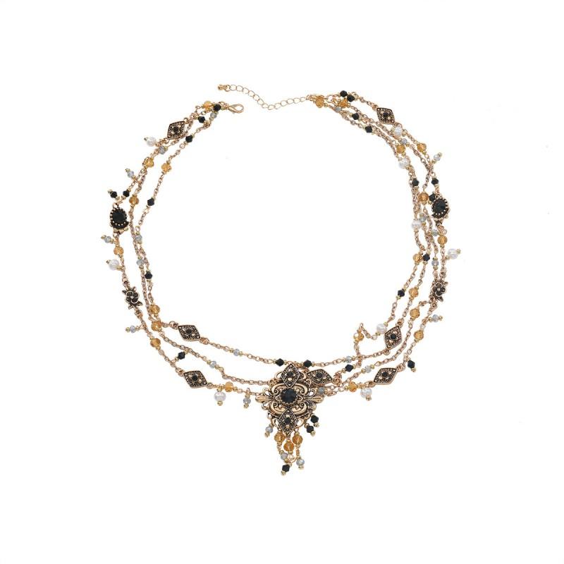 Boho Chic Multi-Layer Beaded Rhinestone Necklace Women 2025 Gold Geometric Statement Pendant Chain Gold