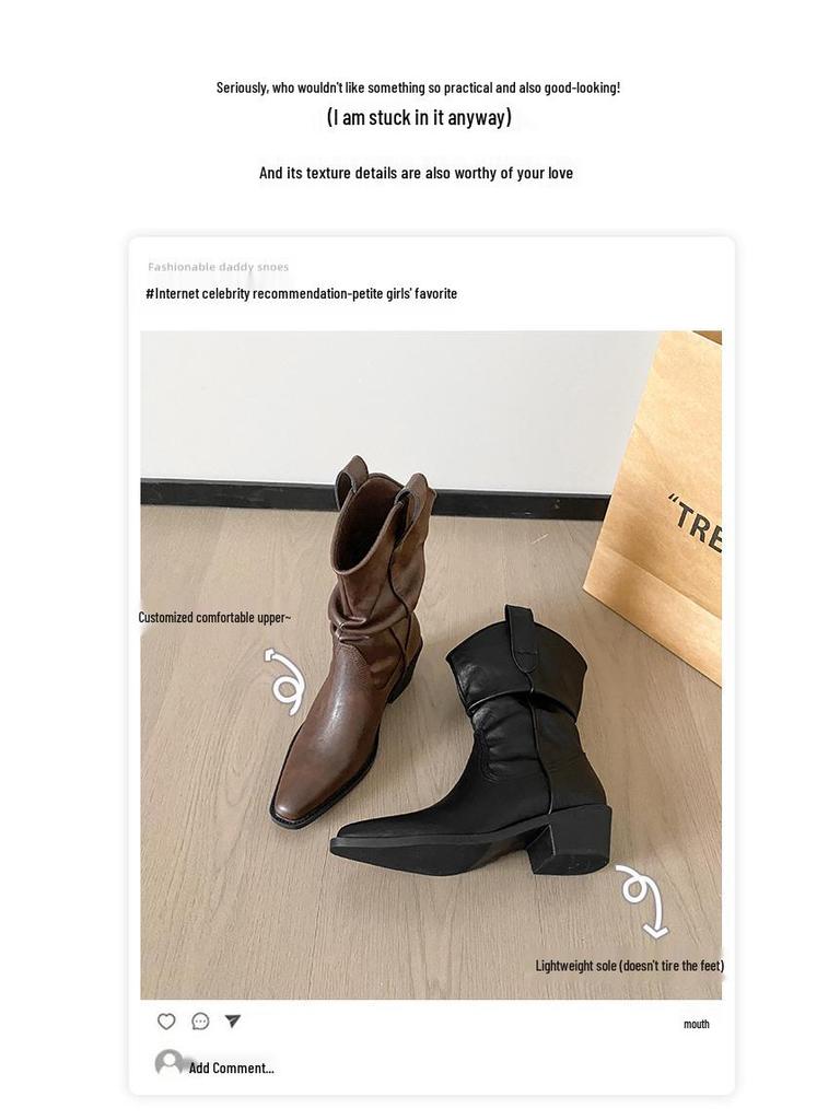 Stiefel im Scheunenstil, mittelhoch, Reitstiefel: Melaard Klobiger Absatz, Spitze Zehenpartie, Retro Slouchy Slip-On Stiefeletten