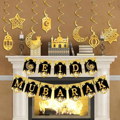 1-10 Stück Festival Feier Gold und Schwarz Ramadan Hängendes Banner Papierlaternen Halbmond Ornamente für Heimbedarf