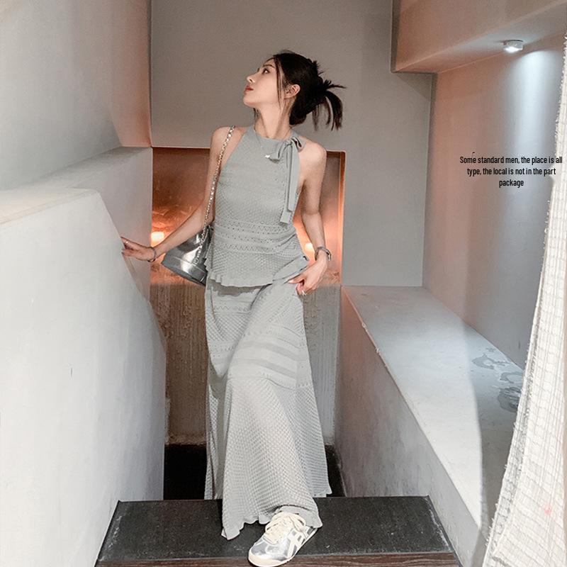 Summer French Fashion: Knitted Midi Skirt & Tie-Up Tank Top Ice Silk Two-Piece Dress