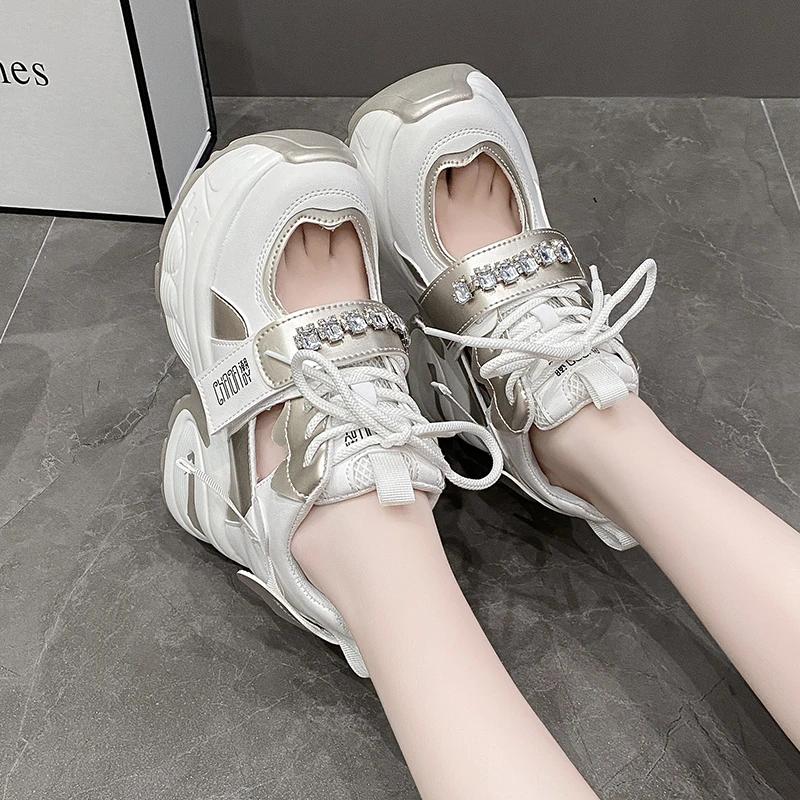 11CM Heels Women Thick Bottom Wedge Sneakers Hollow Out Gladiator Breathable New Summer Shoes Woman Bling Leather Chunky Sandals