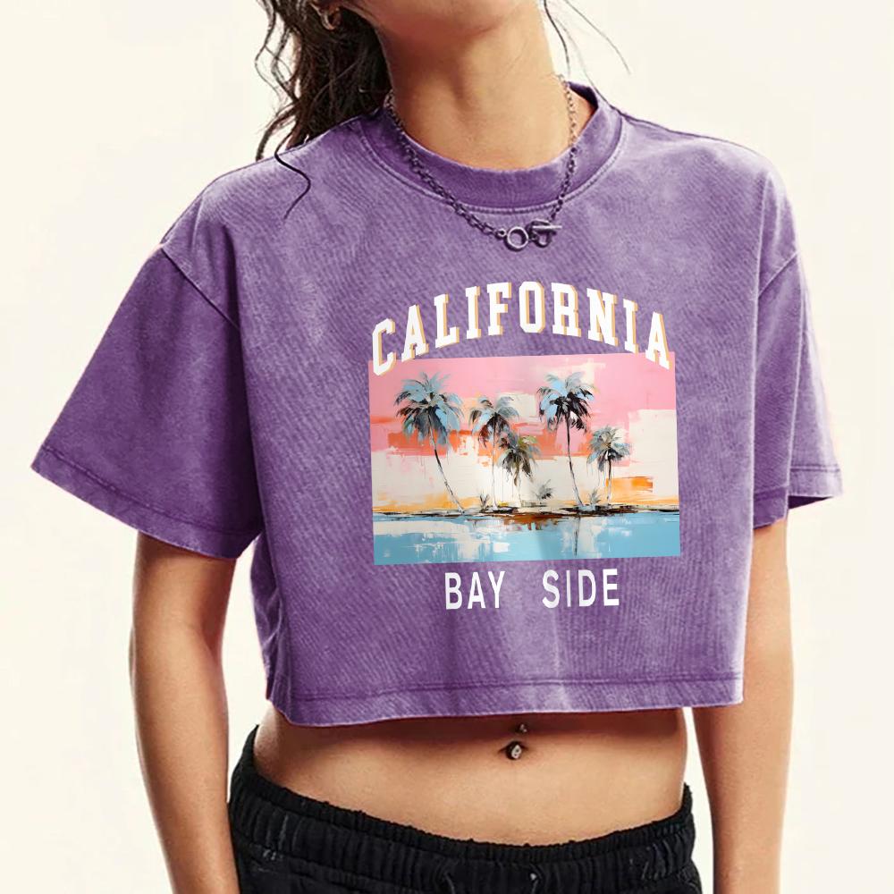 California Bay Side Beautiful Print Washed T-Shirt Women Cotton Comfortable T Shirt Cool Short Sleeve O-Neck Retro Top