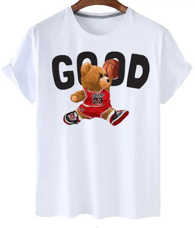plus Size Trendy Teddy Bear Graphic Tee Casual Short-Sleeved T-Shirt Polyester Fabric Summer Top for Men
