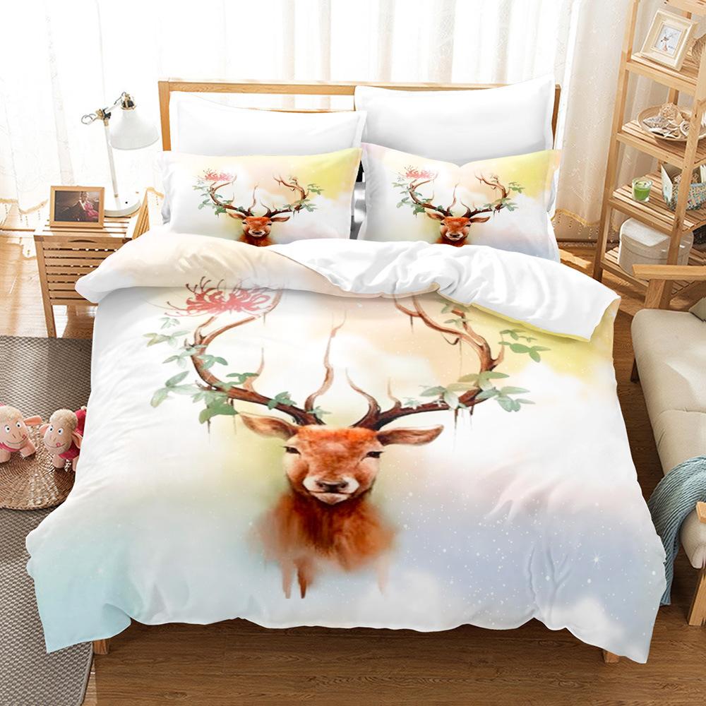 Elk Duvet Cover Set 3D Print Cartoon Elk Colourful Background Flowers Leaves King Size for Kids Boys Girl Polyester Bedding Set