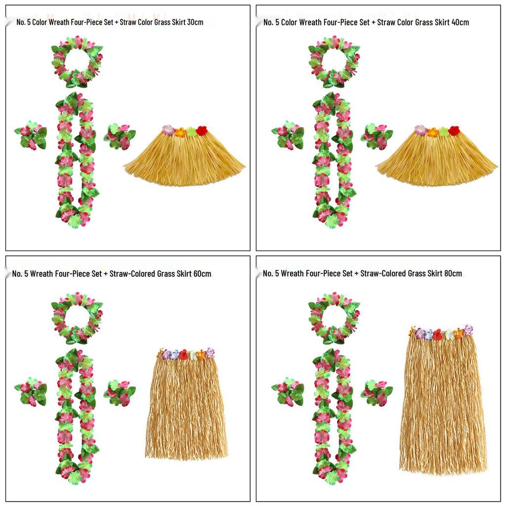 Kaifeng Summer Hawaiian Grass Skirt and Flower Garland Dance Party Set - 5 Pieces (30CM, 40CM, 60CM, 80CM)