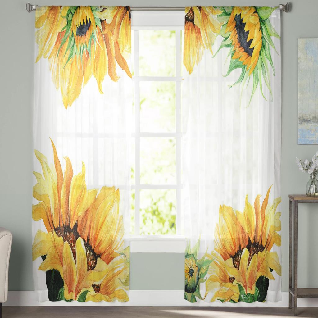 Sonnenblumen Aquarellmalerei Blütenblätter Tüllvorhänge zur Wohnzimmerdekoration Modern Chiffon Transparent Voile Küchenvorhang