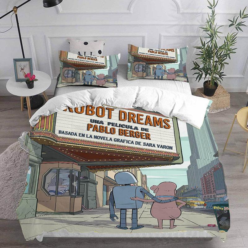Cartoon Robot Dreams Bettwäsche-Sets, Bettdecke, Steppdecke, Bettbezug, Kissenbezug, 2–3-teilige Sets, Kinder- und Erwachsenengröße, Heimtextilien