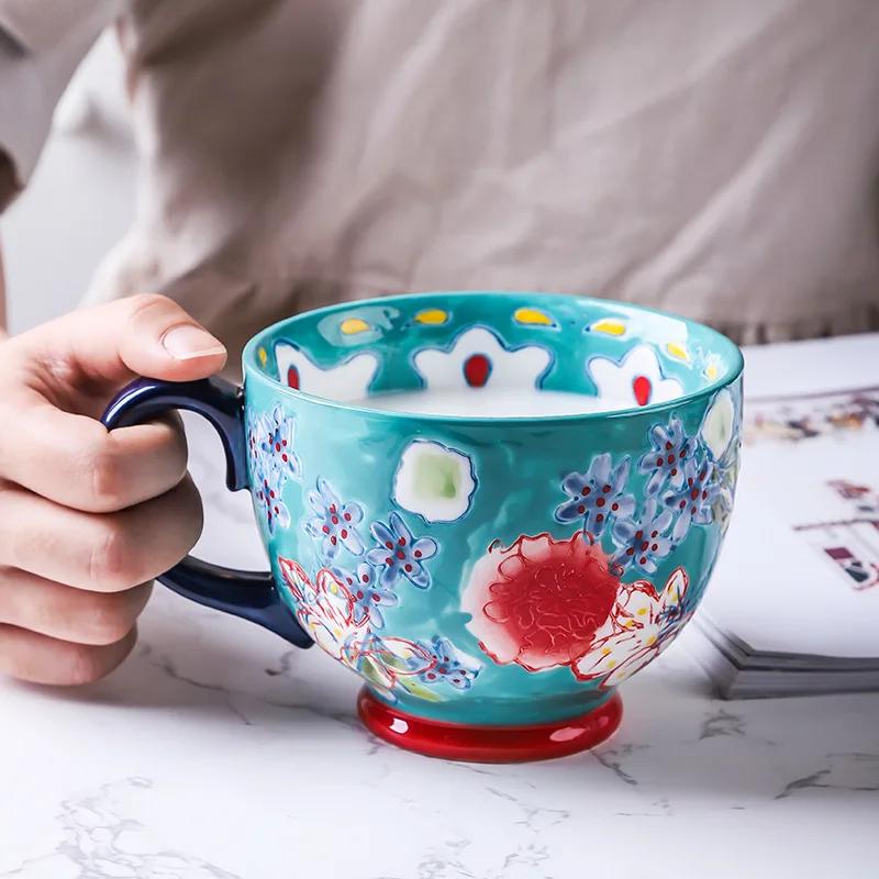 Ceramic Coffee Mugs and Cups Office Using Porcelain Creative Drinking Water Mug Capacity Hand Painted Flower Household Large Cup