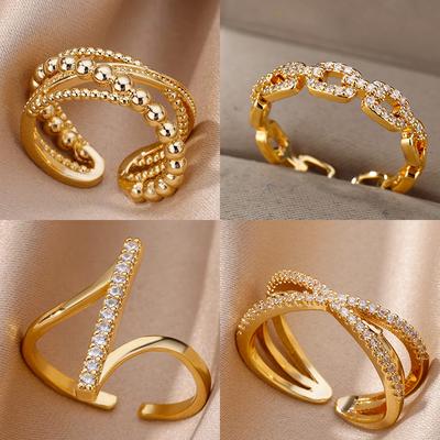 Bagues Géométriques en Zirconium Pour Femmes Couleur Or Acier Inoxydable Bague Ouverte Luxe Mariage Fête Esthétique Bijoux Cadeau Femme