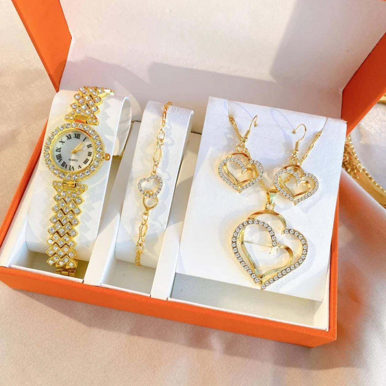Women S Gift Set Fashion Versatile Watch Gold Peach Heart Jewelry Women S Watch Diamond Roman Quartz Watch Women S Watch