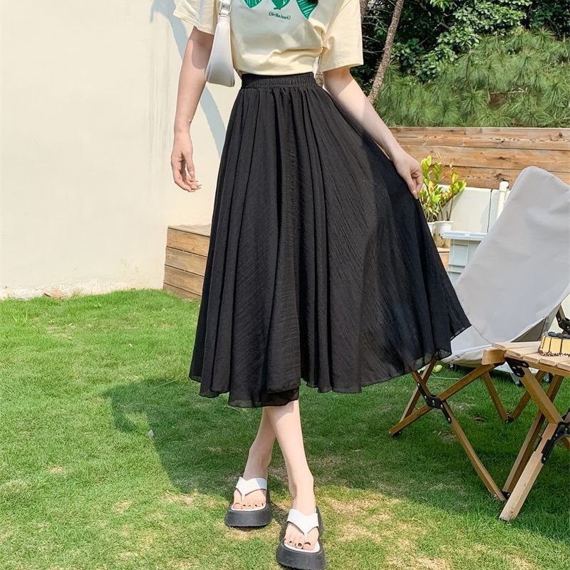 Frühlings-/Sommer Doppel-Lagen Leinen Baumwolle Midi Rock für Damen - Hochtaillierter Böhmischer Vintage Voll Ausgestellter Langer Rock