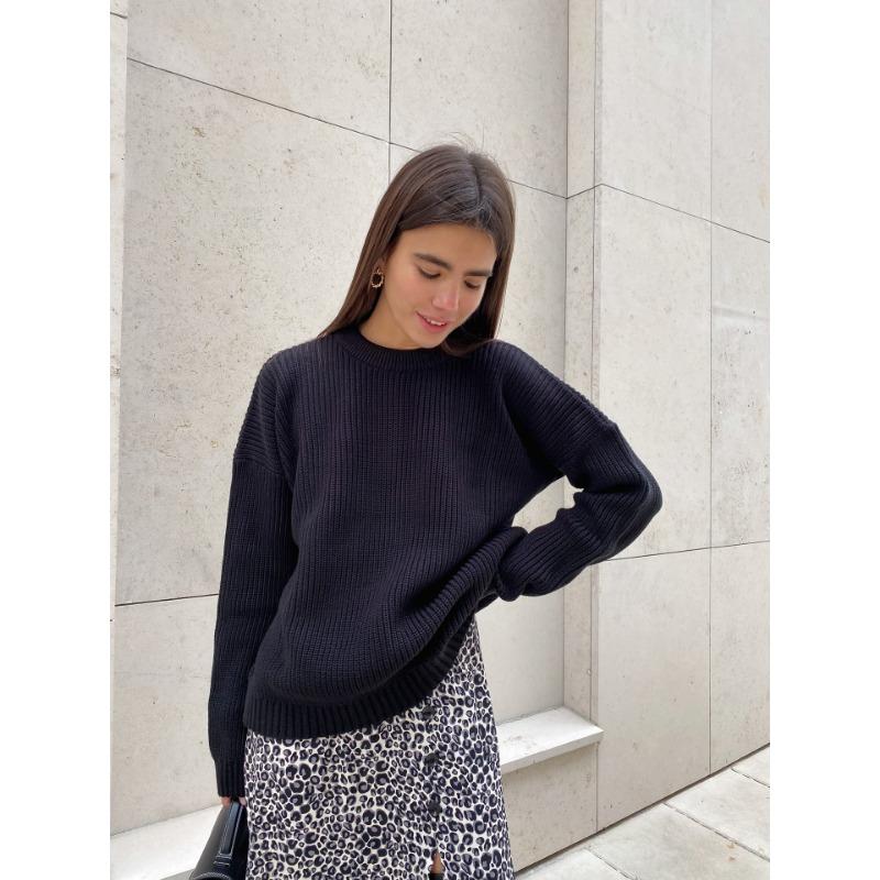 Herbst und Winter Damenpullover Strickpullover Rundhalsausschnitt Lose Einfarbig Langarmpullover