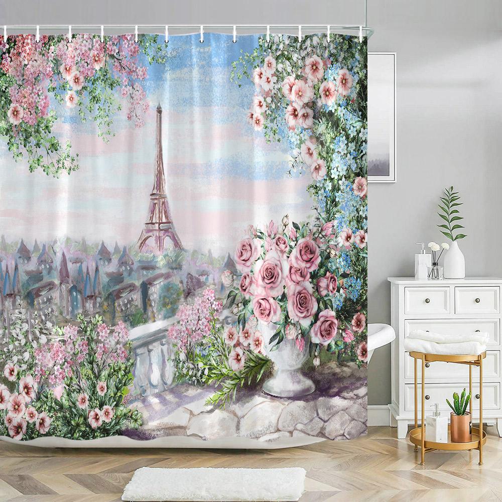 Paris Eiffel Tower Pink Shower Curtain Valentine's Day Flowers and Butterflies Polyester Washable Shower Curtains Bathroom Decor