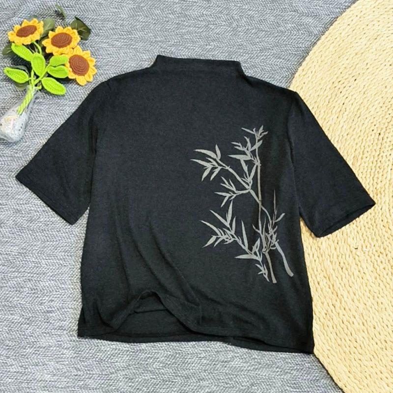 Dimanaf 2025 Autumn Pattern Printing T-shirt Black Women Short Sleeve Loose Tops Tees