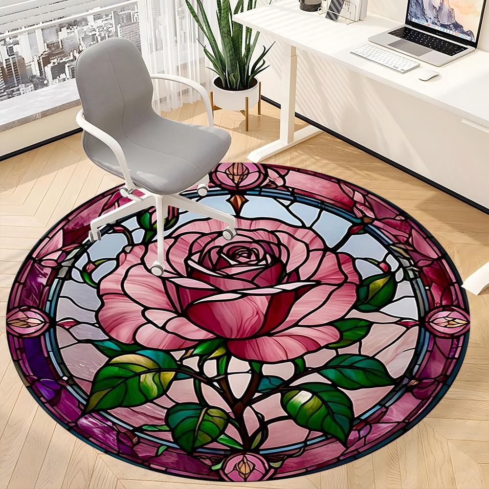 1pc Rose StainedGlass Office Round Area Rug, Under Office Chairs Bedroom Living Room Home Decor, Room Deco