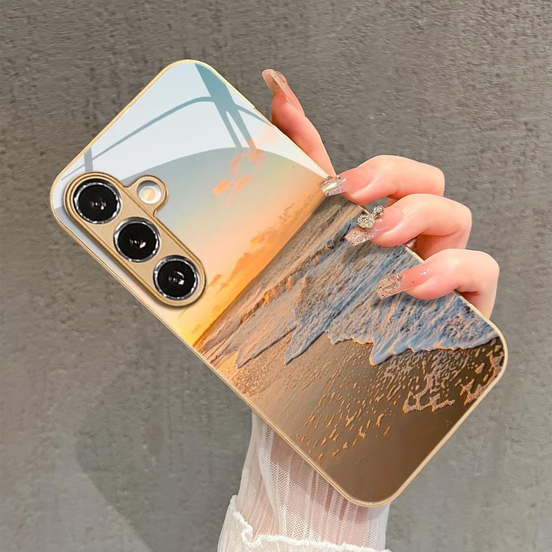 Beautiful Sunset Seaside Scenery Pattern Glass Phone Case Suitable for Samsung Galaxy S26 S25 S24 S22 S21 S20 FE/Ultra/Plus