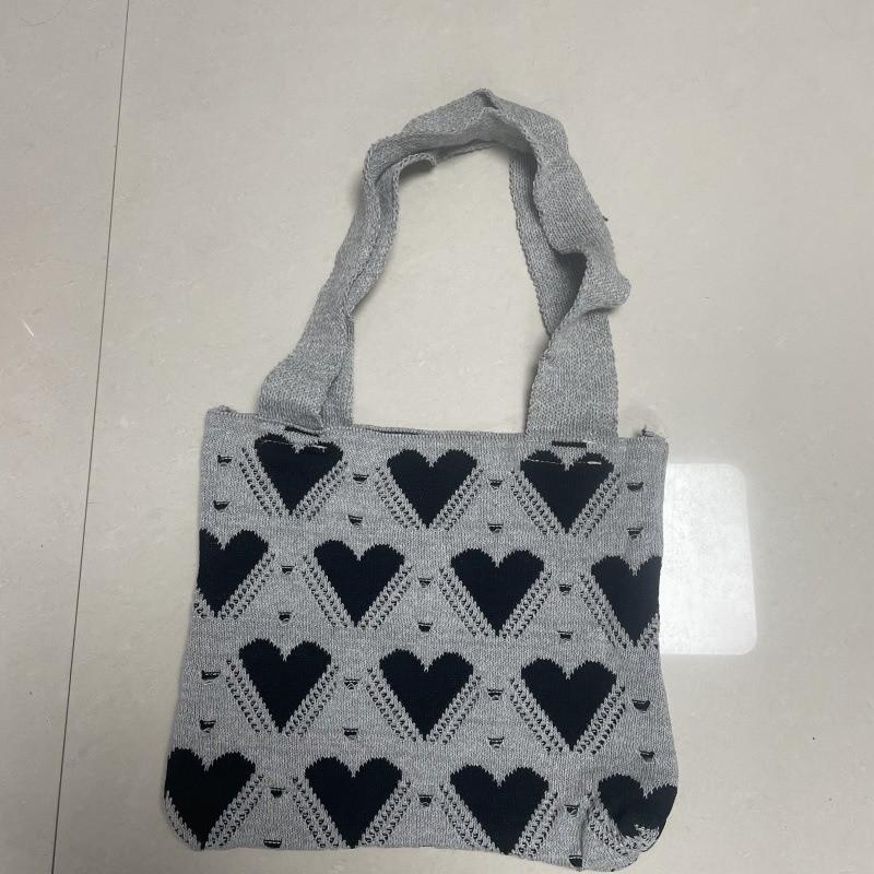 2026 New Ins Style Knitted Tote Bag with Heart Pattern Large Capacity Shoulder Bag for Women Daily Use and Shopping