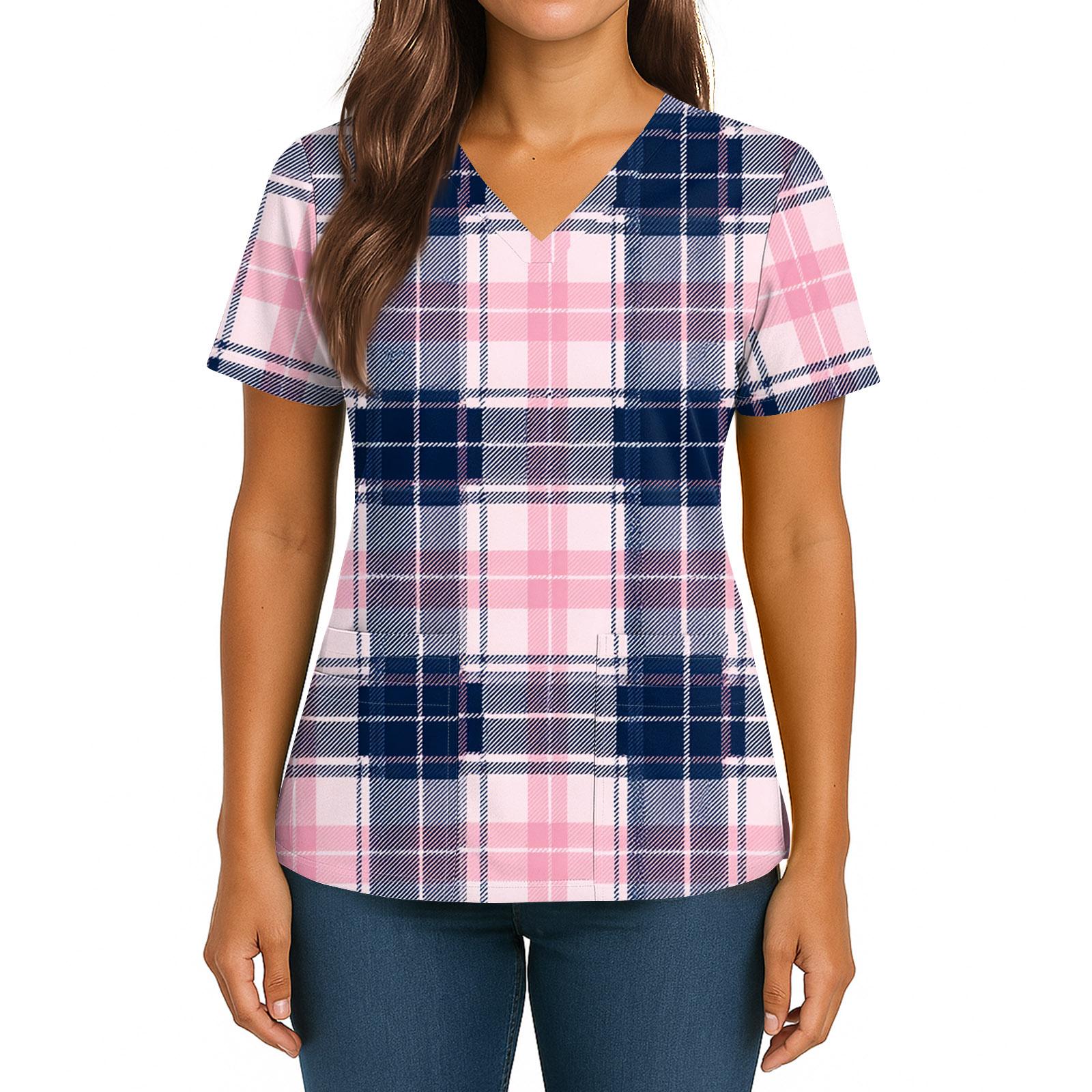 

Women s Gradient Print V-Neck Double Pocket Short Sleeves Hem Slit Uniform Caregiver Top S рожевий