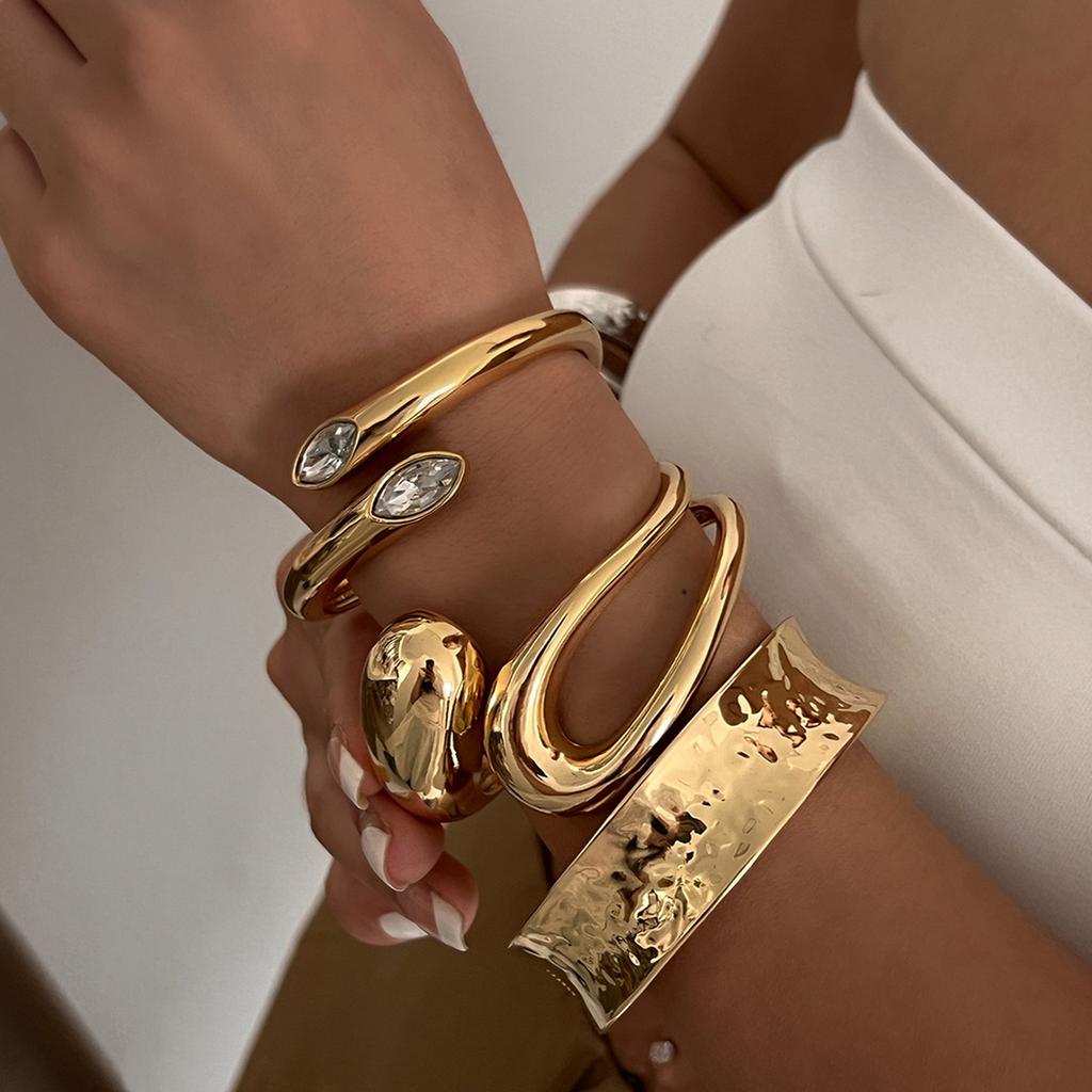 Ingemark 3 Styles Hip Hop Geometric Snake Shaped Open Bangles Women Trendy Smooth Gold Color Wide Spring Bracelets Men Jewelry