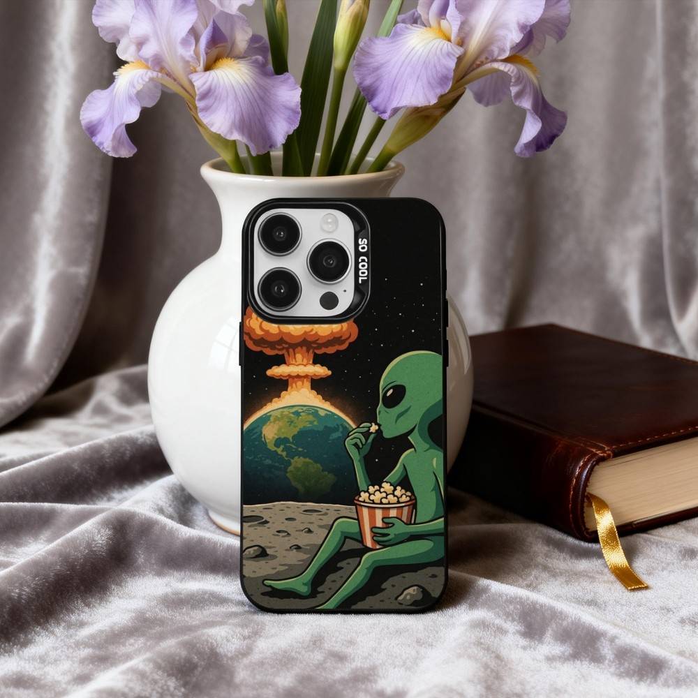Funny S-Space UFO A-Alien T-Thing Phone Case For iPhone17,16,15,14,13,12,11 Plus,Pro Max Black Candy silver phone case