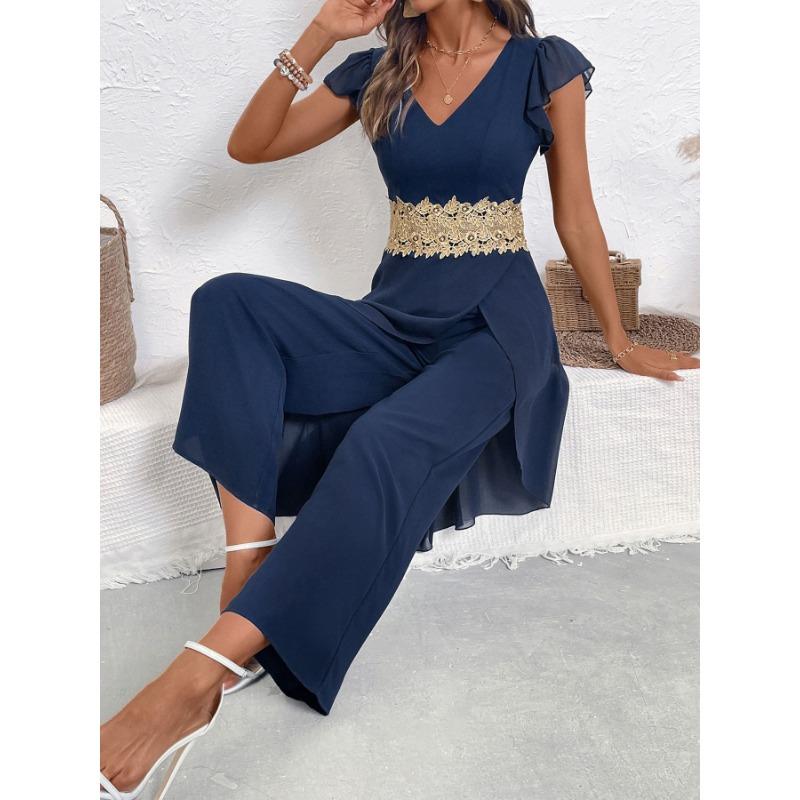 YYFS Women's Fashion Casual Summer Spring Solid Color Print Short Sleeve V-Neck High Waist Trousers Jumpsuits & Rompers