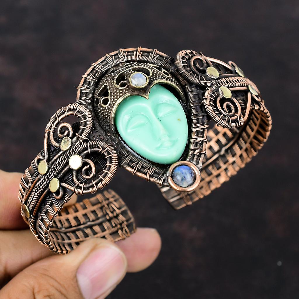 Green Carved Bone Face Cuff Bracelet Gemstone Bangle Copper Wire Wrapped Adjustable Cuff Bracelet Handmade Moonstone Bangle Copper Jewelry