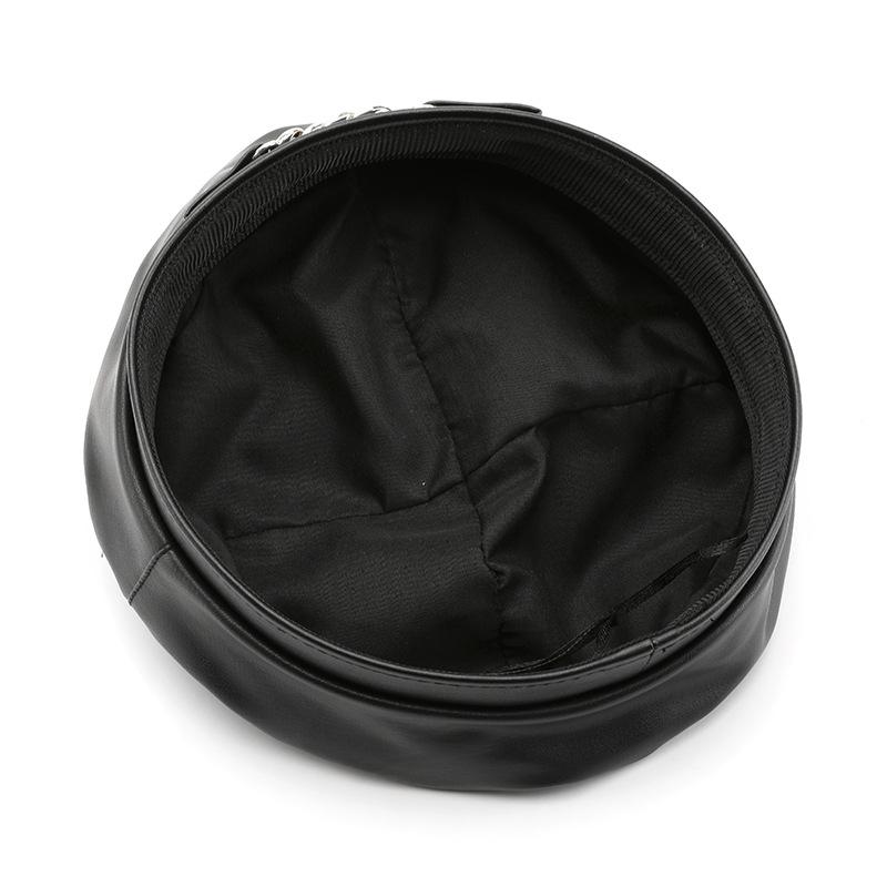 Korean Metal Chain Pu Leather Beret For Women Retro Solid Color Plain Color Octagonal Cap Girls Spring Autumn Flat Top Artist Painter Hat