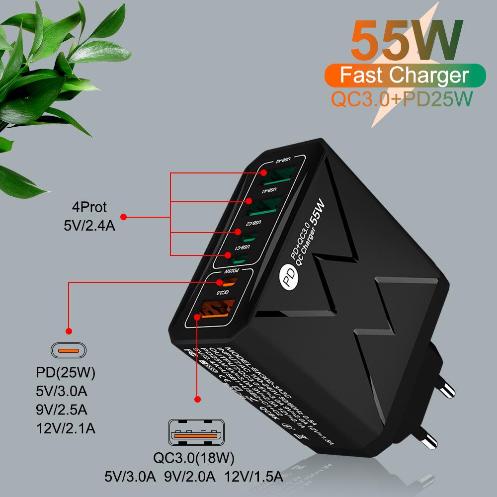 PD 55W Fast Charger: 3 USB + 3 PD Ports with QC3.0 for EU, UK, AU Plugs