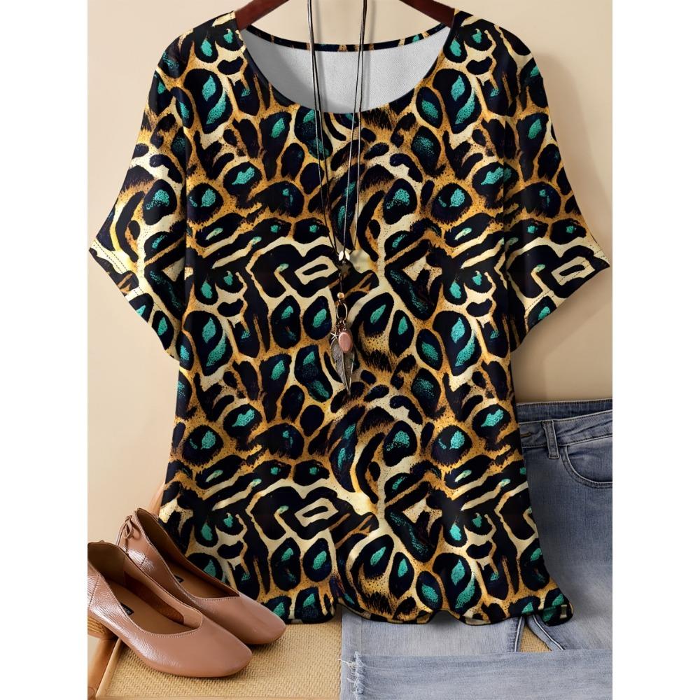 XL-7XL Übergröße Damen T-Shirts Damen O-Ausschnitt Mode 3D Floral Farbbedrucktes Oberteil Kurzarm T-shirt
