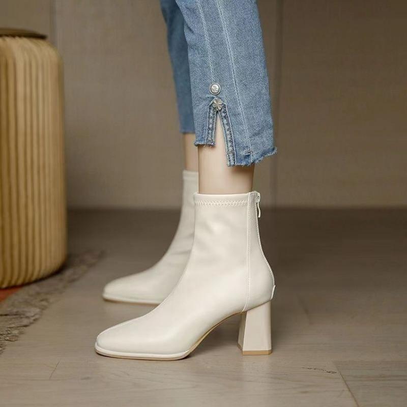 High-heeled boots thick heel white short boots women's autumn new thin boots women's rear zipper square head looks thin
