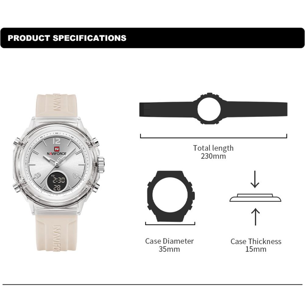 Naviforce Women Watch Quartz Pointer Dial LCD Digital Display Chronograph Luminous Waterproof Silicone Strap Unisex Men Women Watch NF7109