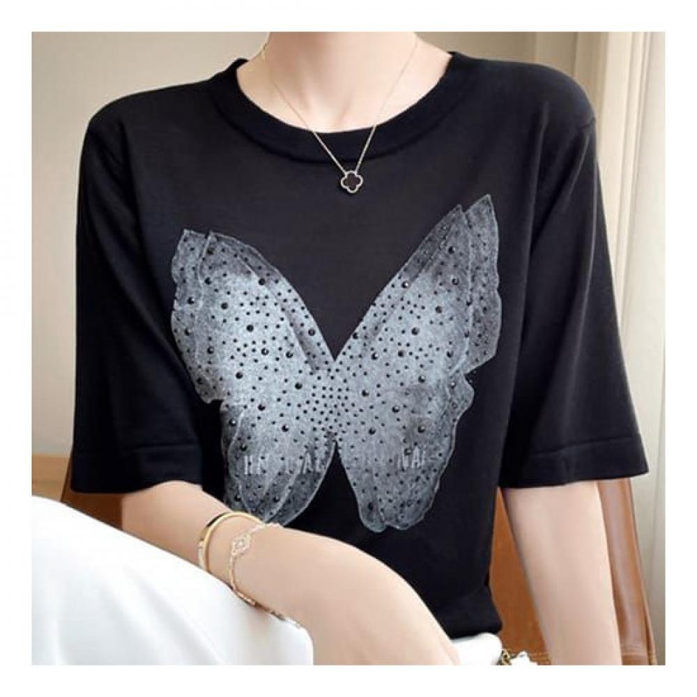 Navava Women BuTTerfly PrinT Round Neck 5 Sleeve KniT T shirT Nk2164