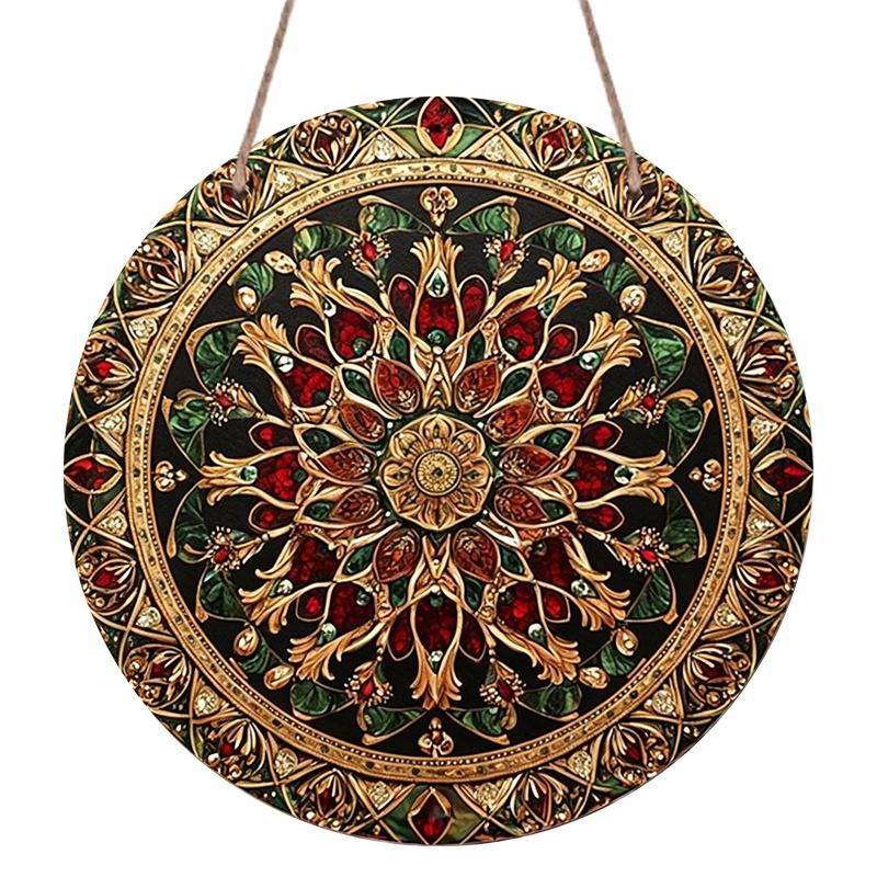 2D Flat 1pc, Vintage Gold Red Gem Mandala Floral Ornate Style, Circular Metal Wall Hanging Decor For Farmhouse Living Room Bohemian Porch Indoor