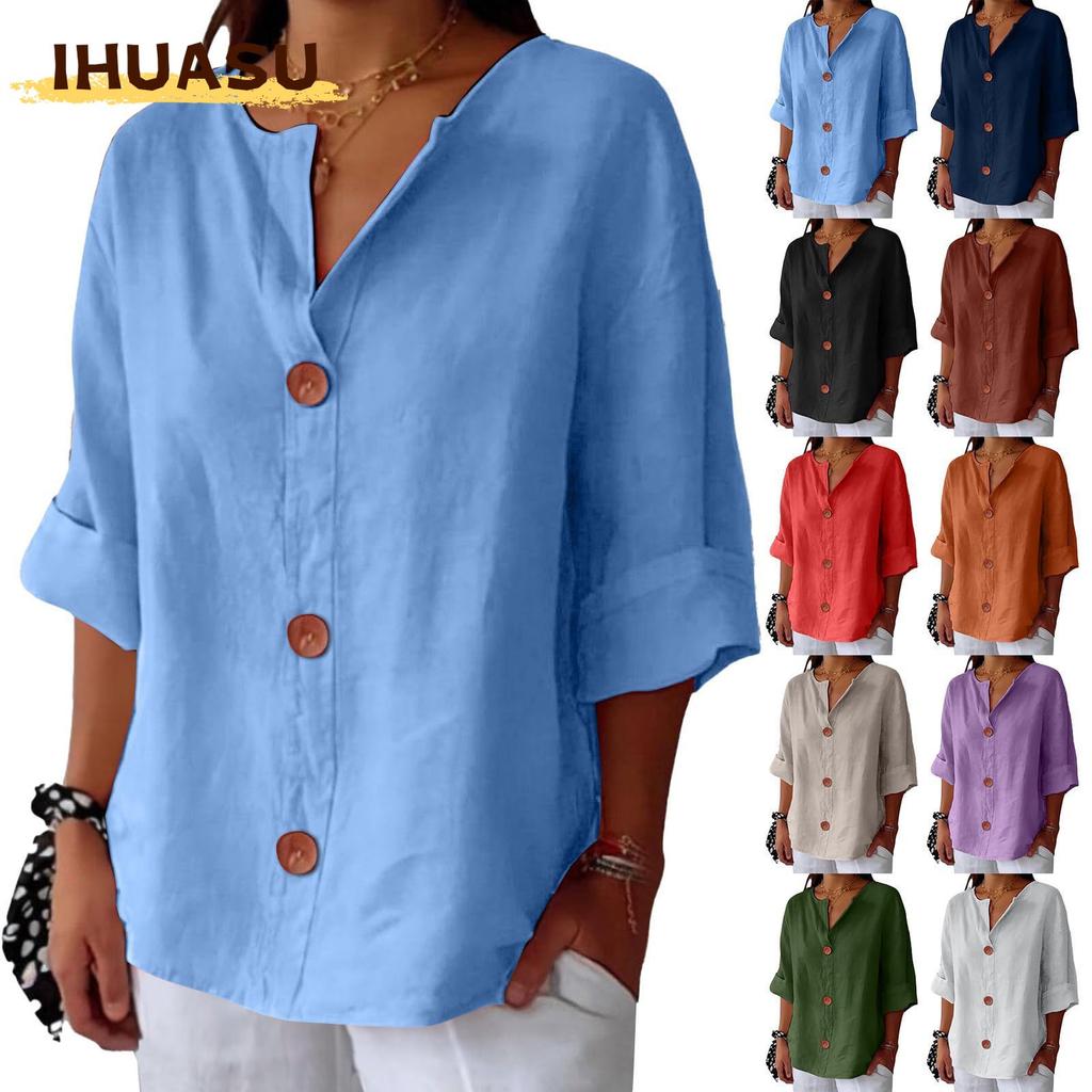 IHUASU Damesmode Casual Effen Kleur Print Lange Mouw V-Hals Blouses & Shirts