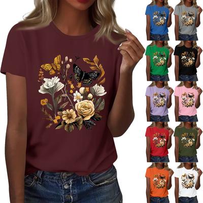 Ladies' Loose Comfortable Casual Fashionable Plant Flower Printed Round Neck Short Sleeved Shirt