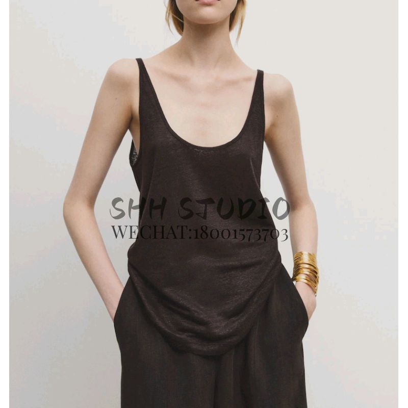 Spring New American Casual Basic Solid Lightweight Linen Blend Sling Sleeveless T-shirt 6219937